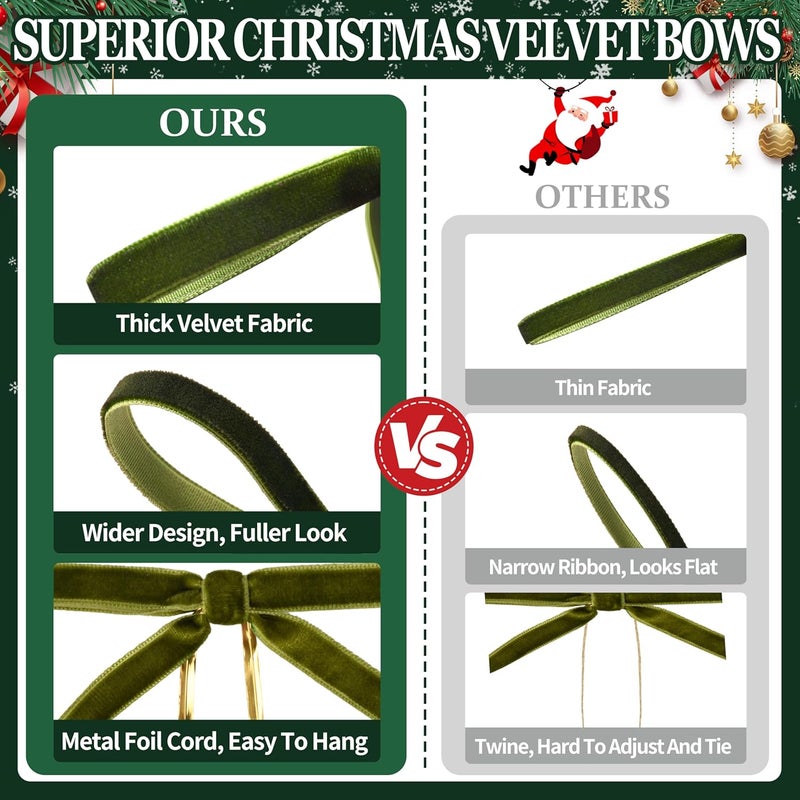 Lavwix 40Pcs Velvet Ribbon Bows, 5x7 Inch Pre-Tied Bows Christmas Ornaments for Xmas Tree, Garland, Wreath, Gift and Holiday Home Décor (5 x 7 Inch, Width of 3/8", Olive Green) - Image 3